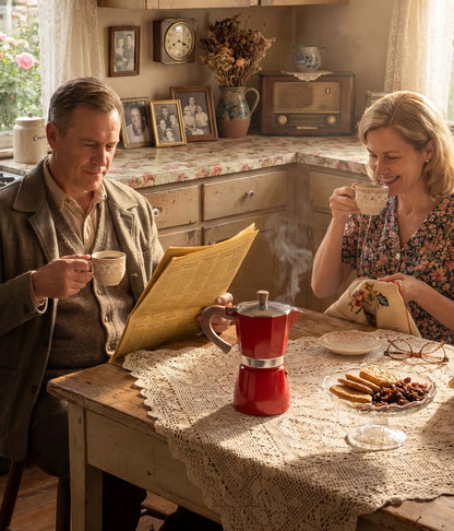 A mature couple enjoying a slow morning in a beautiful rustic kitchen; the man reads a newspaper while the vintage red AGOGO Moka Pot sits on a lace tablecloth next to coffee and cookies.