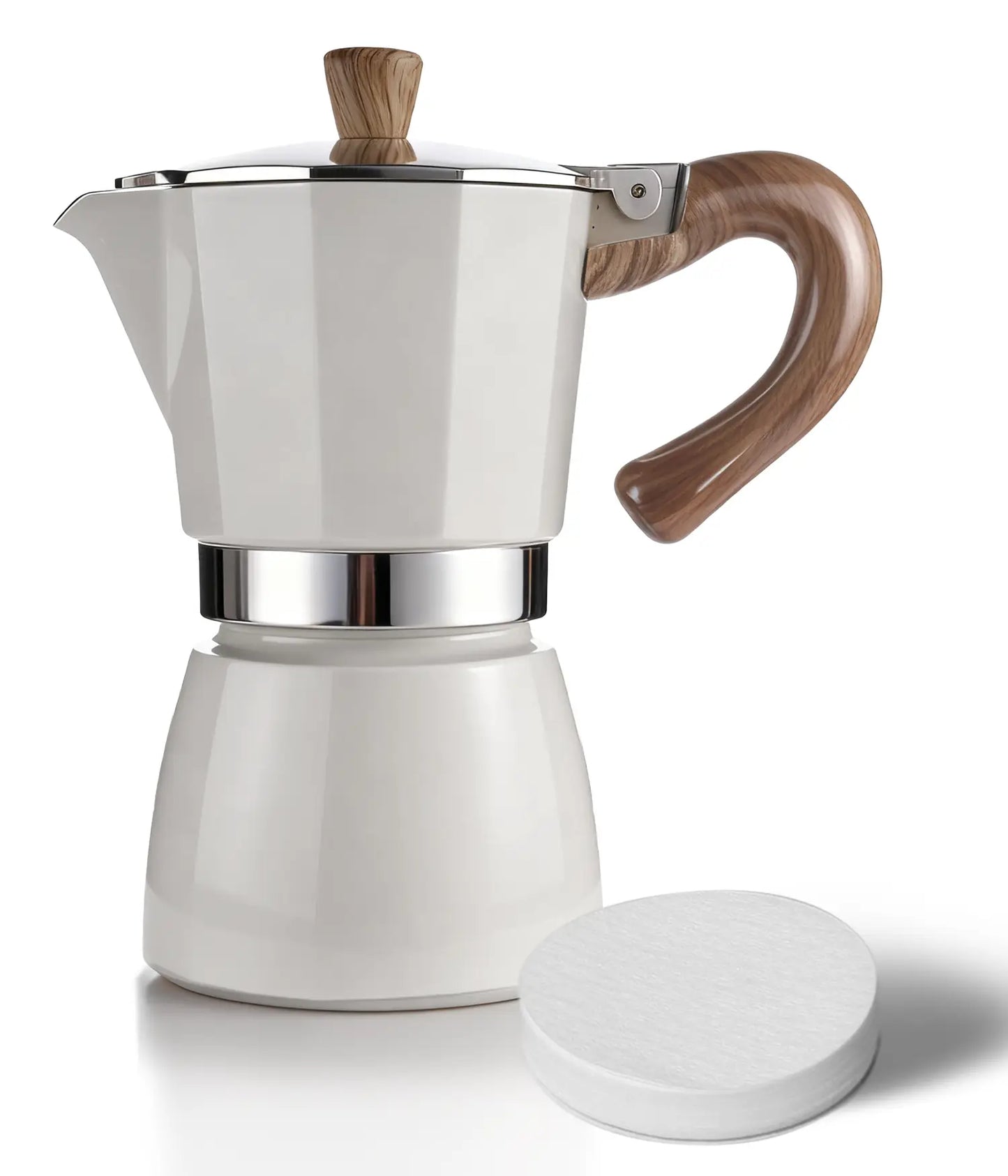 A sleek warm cream AGOGO Milano Moka Pot with a wood-style handle, displayed next to a precision paper filter on a pure white background.
