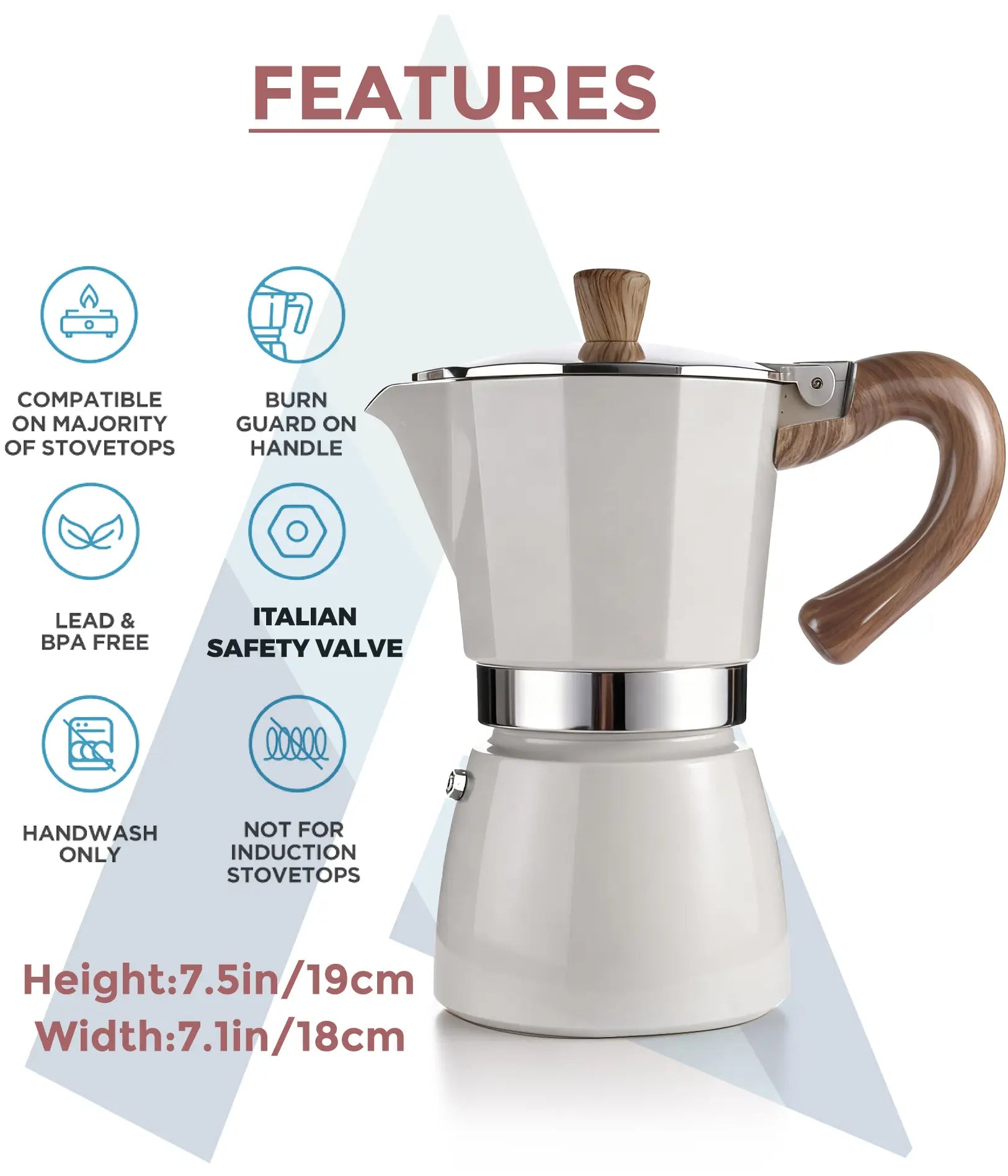 Infographic detailing the features of the warm cream AGOGO Milano Moka Pot, including its 300ml capacity, Italian safety valve, dimensions, and stovetop compatibility.