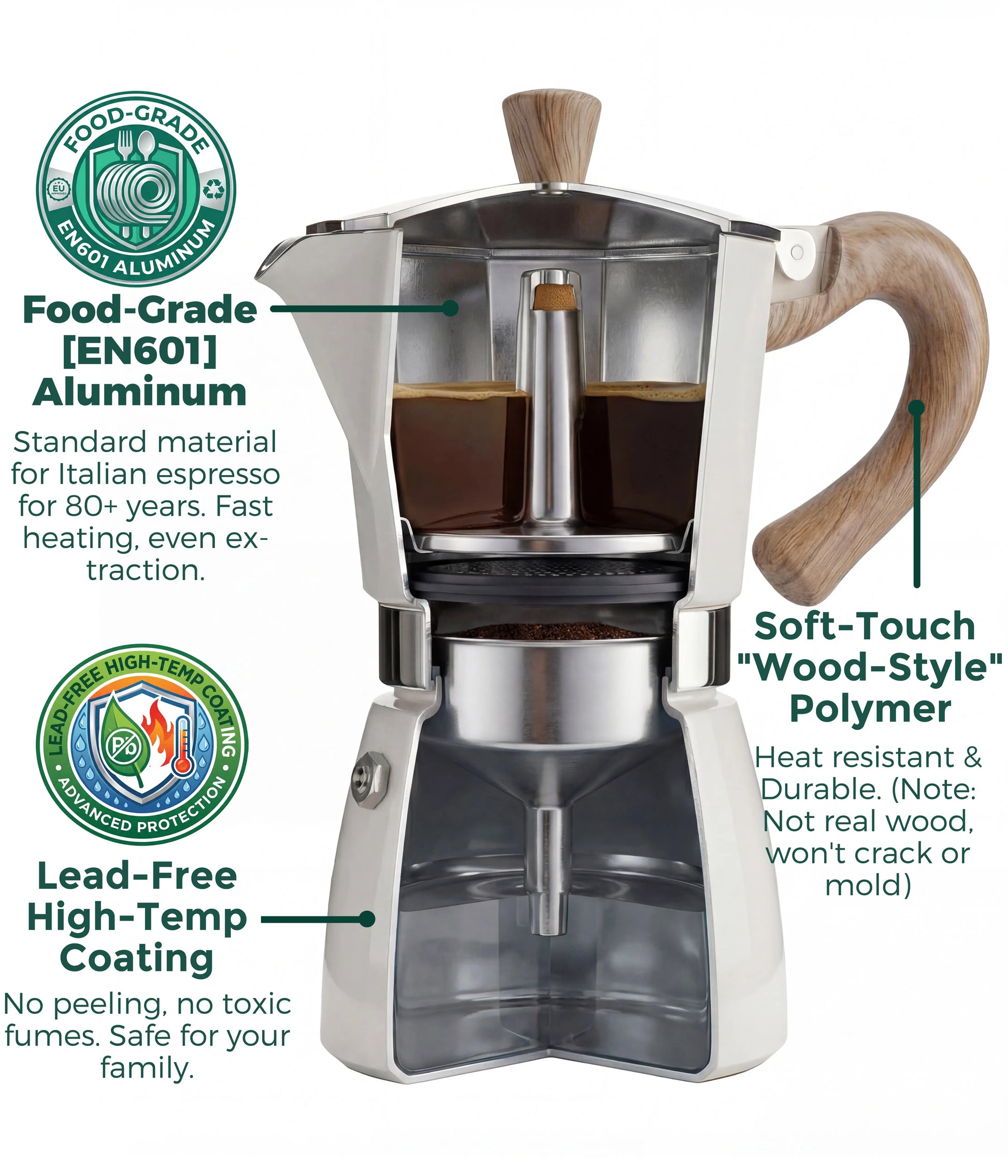 A cross-section cutaway view of the warm cream AGOGO Milano Moka Pot, showcasing its food-grade aluminum build, lead-free coating, and smooth extraction process.