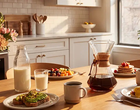 The elegant AGOGO Diamond pour over coffee maker serving fresh brew on a sunlit wooden table during a modern apartment breakfast.