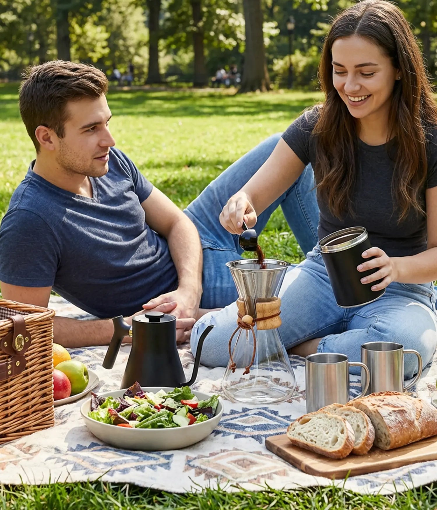 Couple enjoying a sunny outdoor picnic, brewing fresh coffee on the grass with the portable AGOGO 600ml pour over coffee maker.