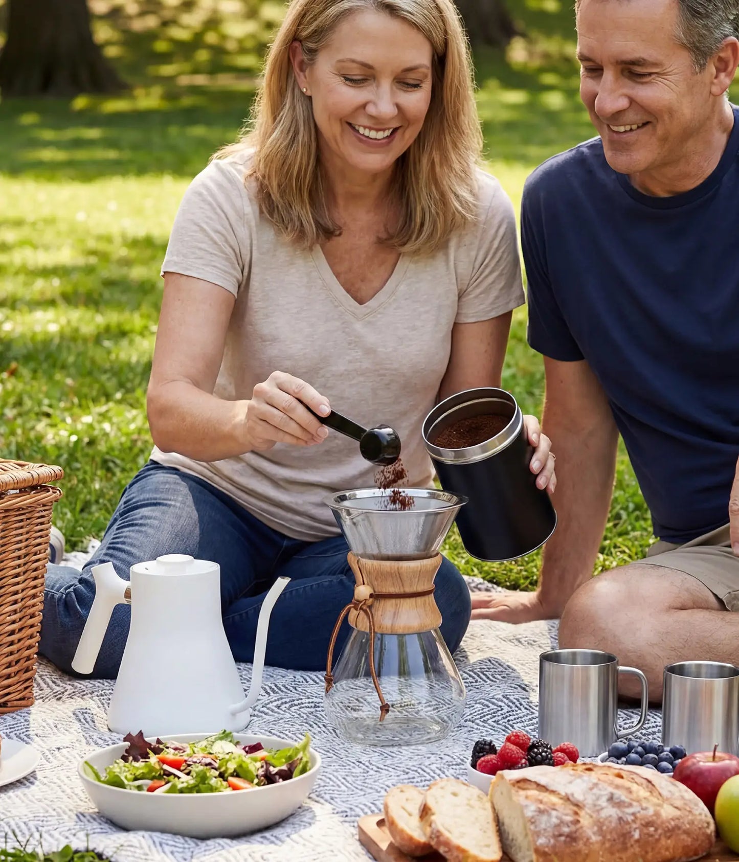 Couple enjoying a sunny outdoor picnic on the grass, preparing fresh coffee with the highly portable AGOGO 800ml slim pour over maker.