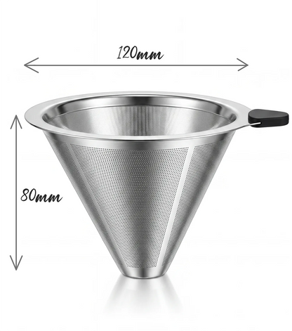 Dimension specifications of the AGOGO medium stainless steel coffee cone filter, showing a top outer diameter of 120 millimeters and a vertical height of 80 millimeters.
