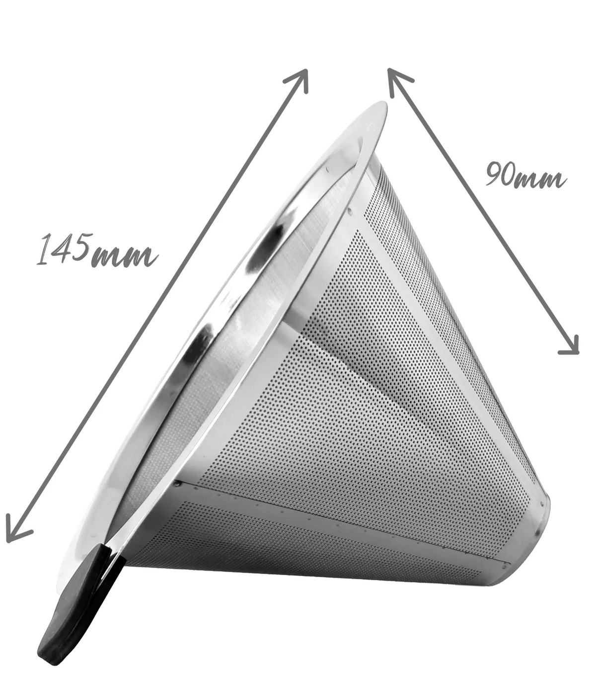 Dimension specifications of the AGOGO stainless steel coffee cone filter, indicating a top outer diameter of 145 millimeters and a side height of 90 millimeters.