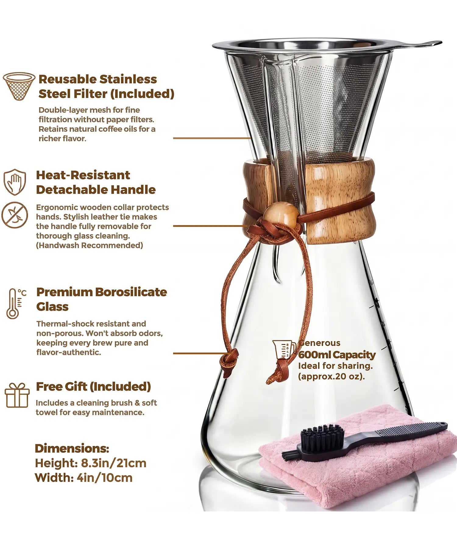 Technical specifications of the AGOGO 600ml pour over coffee maker, detailing the premium borosilicate glass, reusable stainless steel filter, and included cleaning accessories.