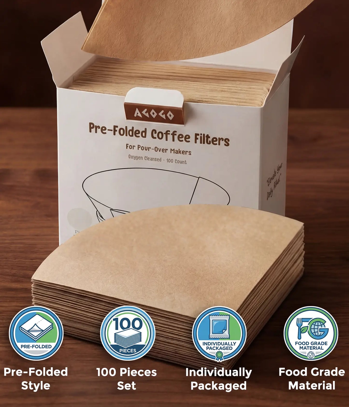 A hand taking a natural brown circular coffee filter from the AGOGO 100-count value box, with a stack of half-moon pre-folded filters resting on a wooden table.