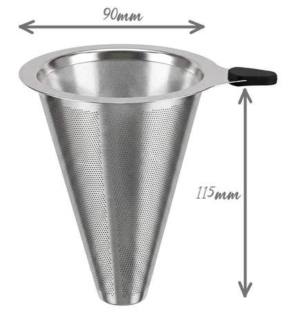 Dimension specifications of the AGOGO slim stainless steel coffee cone filter, displaying a top outer diameter of 90 millimeters and a tall vertical height of 115 millimeters.