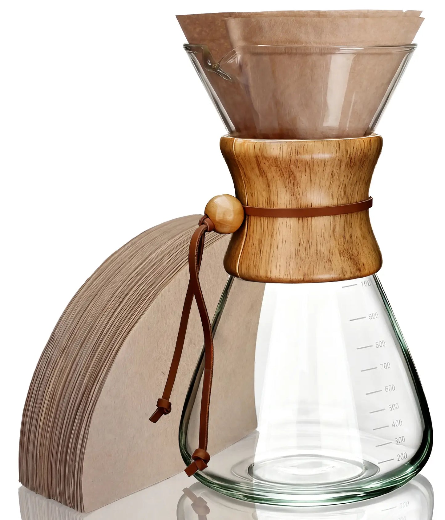 AGOGO 1000ml large capacity slim glass pour over coffee maker set, featuring a space-saving straight body and natural brown paper filters on a clean white background.