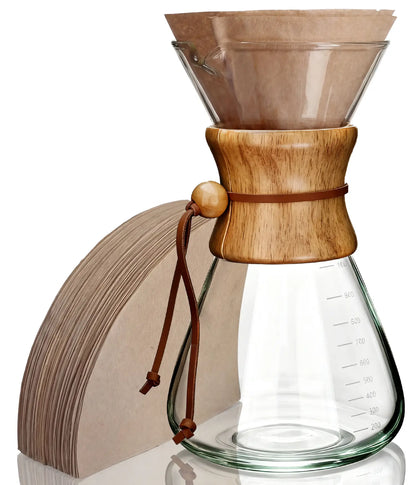AGOGO 1000ml large capacity slim glass pour over coffee maker set, featuring a space-saving straight body and natural brown paper filters on a clean white background.