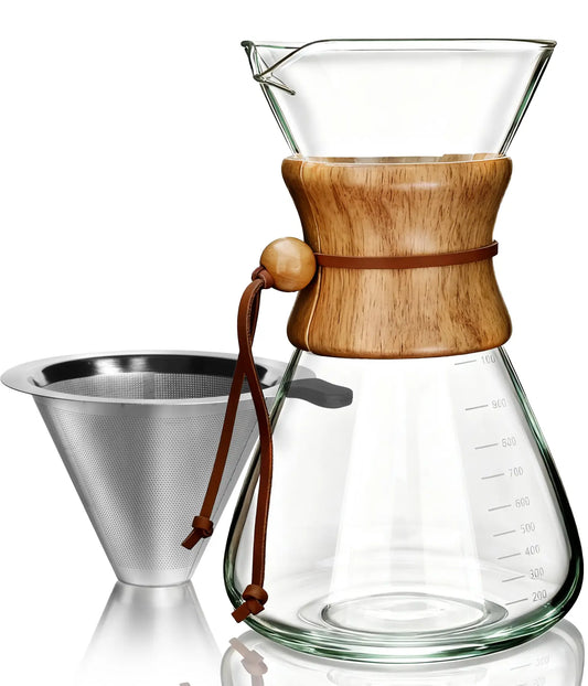 AGOGO 1000ml large capacity slim glass pour over coffee maker set, featuring a space-saving straight body and a reusable 2-layer stainless steel filter on a white background.
