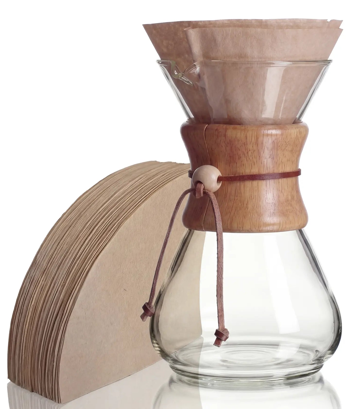 AGOGO 800ml slim glass pour over coffee maker set featuring a space-saving straight body, heat-resistant wooden collar, and natural brown paper filters on a clean white background.