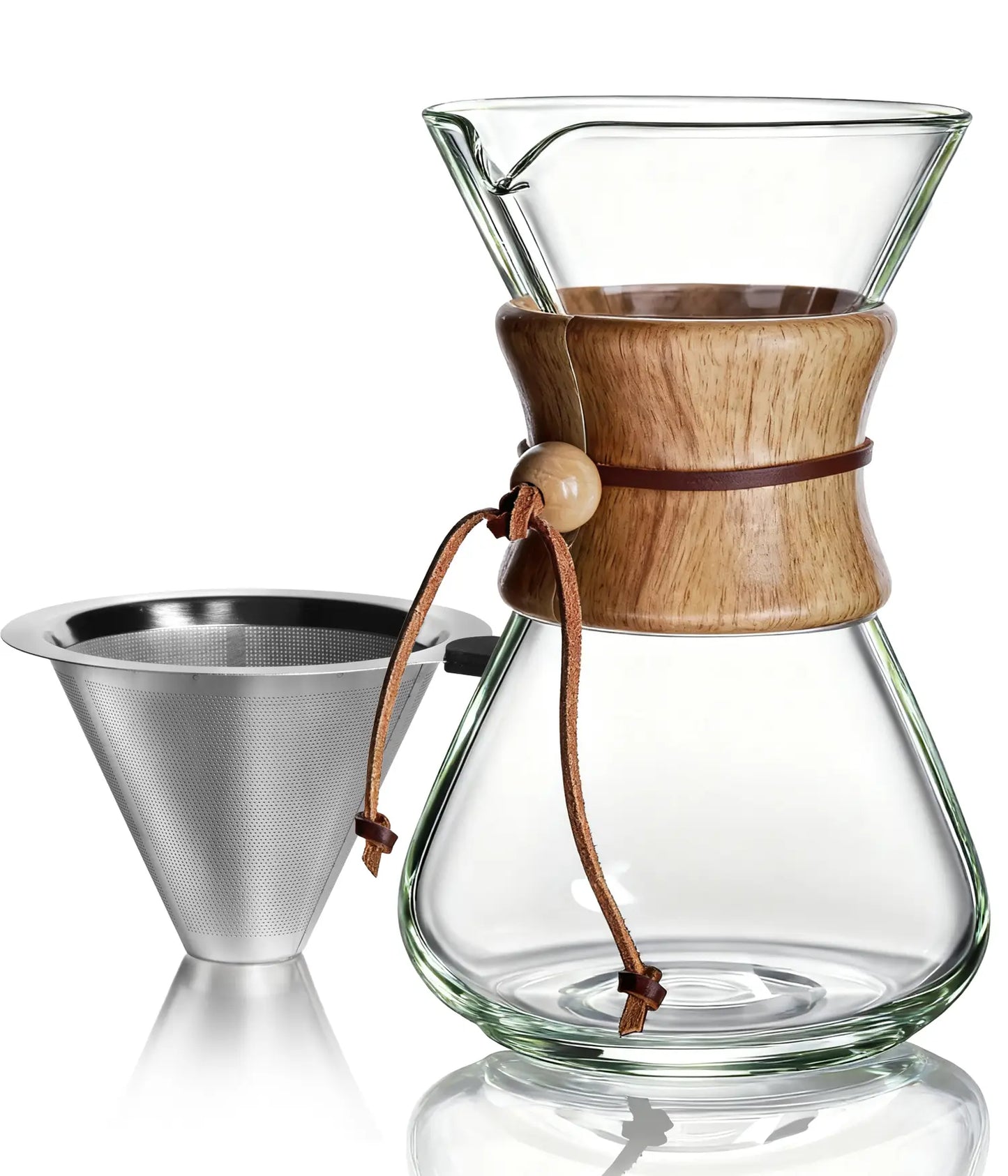 AGOGO 800ml slim glass pour over coffee maker set featuring a space-saving straight body, a heat-resistant wooden collar, and a reusable 2-layer stainless steel filter.