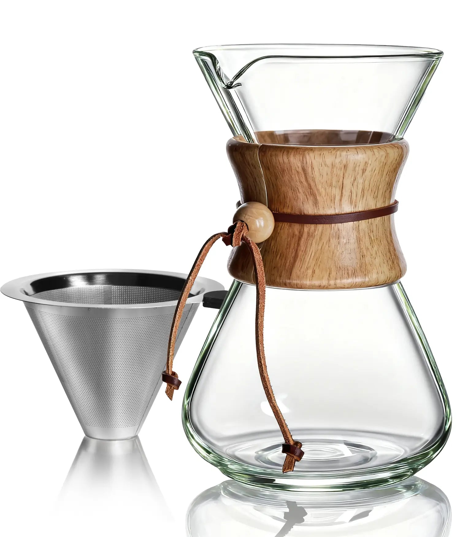 AGOGO 800ml slim glass pour over coffee maker set featuring a space-saving straight body, a heat-resistant wooden collar, and a reusable 2-layer stainless steel filter.