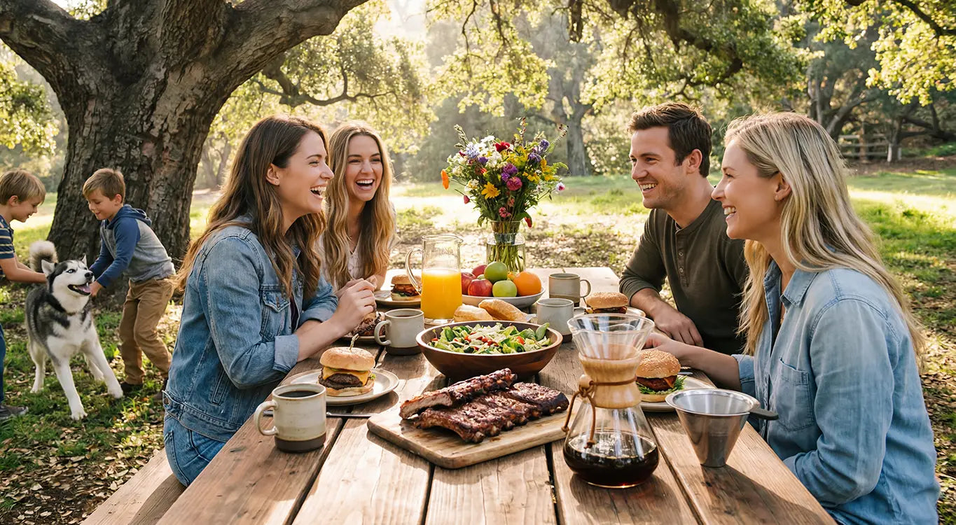 Happy friends sharing a weekend outdoor picnic with the AGOGO slim glass pour over coffee maker under a large tree.