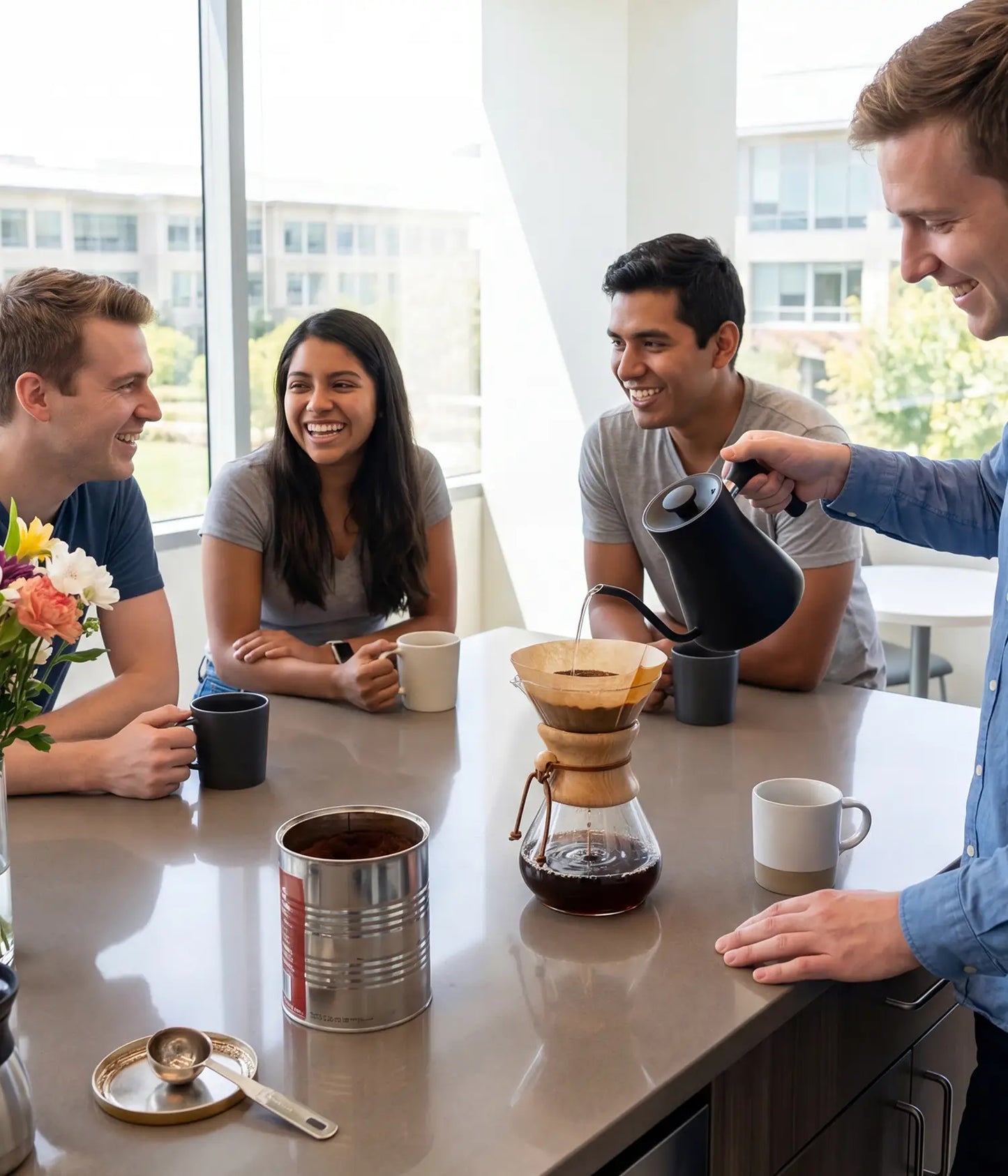 Colleagues gathering around for a fresh brew in a modern office pantry, featuring a man pouring hot water into the elegant AGOGO 800ml slim glass coffee maker.