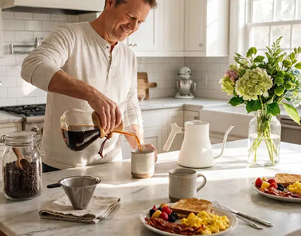 Smiling man pouring freshly brewed coffee from the AGOGO slim glass pour over carafe during a bright, sunny morning breakfast in a modern kitchen.