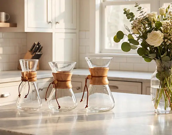 Size comparison of the AGOGO slim glass pour over coffee makers, featuring the 600ml, 800ml, and 1000ml capacities beautifully displayed on a sunlit marble kitchen countertop.