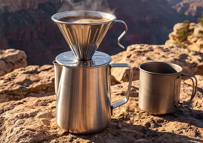 An AGOGO rugged double-walled stainless steel coffee server and dripper set brewing hot coffee outdoors on a rocky cliff, perfect for camping and travel.