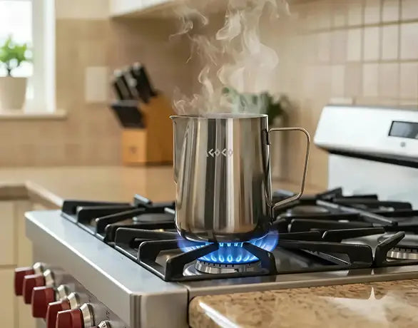 AGOGO brushed stainless steel pour over coffee maker steaming while being heated directly on a home gas stovetop, demonstrating its safe, high-temperature resistance.