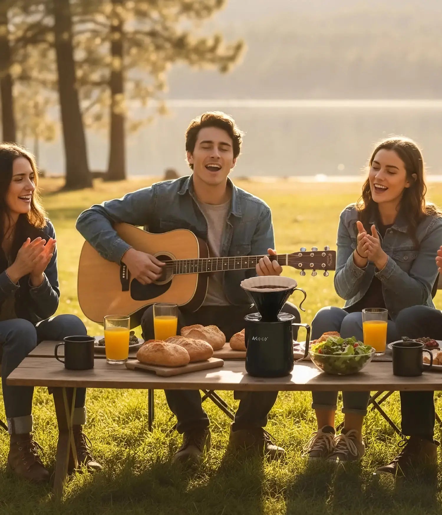 Friends singing and enjoying a sunny outdoor picnic, featuring the rugged AGOGO 600ml matte black stainless steel pour over coffee maker on a wooden table.