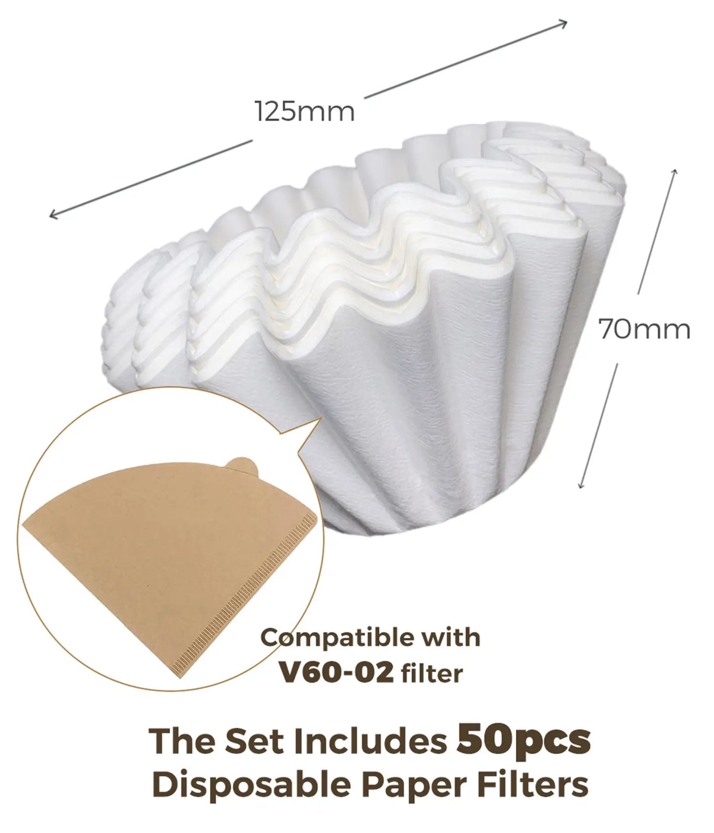 Detailed dimensions of the 50-pack disposable natural paper filters included with the AGOGO pour over set, designed for perfect compatibility with V60-02 size drippers.
