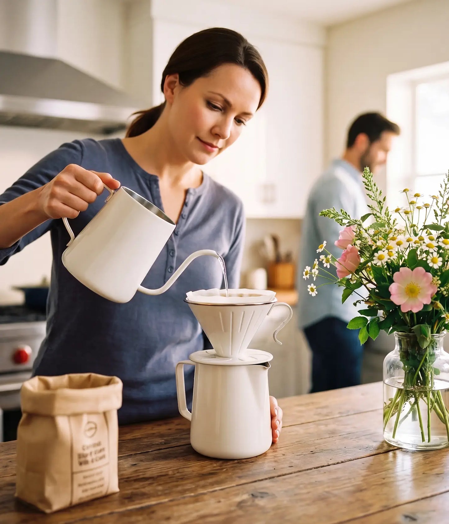Woman elegantly brewing a clean cup of coffee with the AGOGO warm cream stainless steel pour over set and paper filter in a beautifully styled, sunlit earth-tone kitchen.