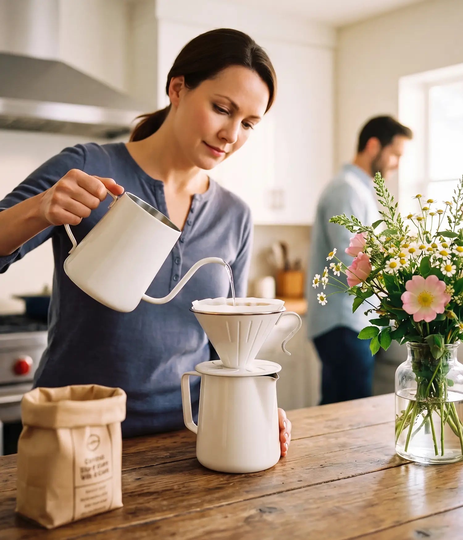 Woman elegantly brewing a clean cup of coffee with the AGOGO warm cream stainless steel pour over set and paper filter in a beautifully styled, sunlit earth-tone kitchen.