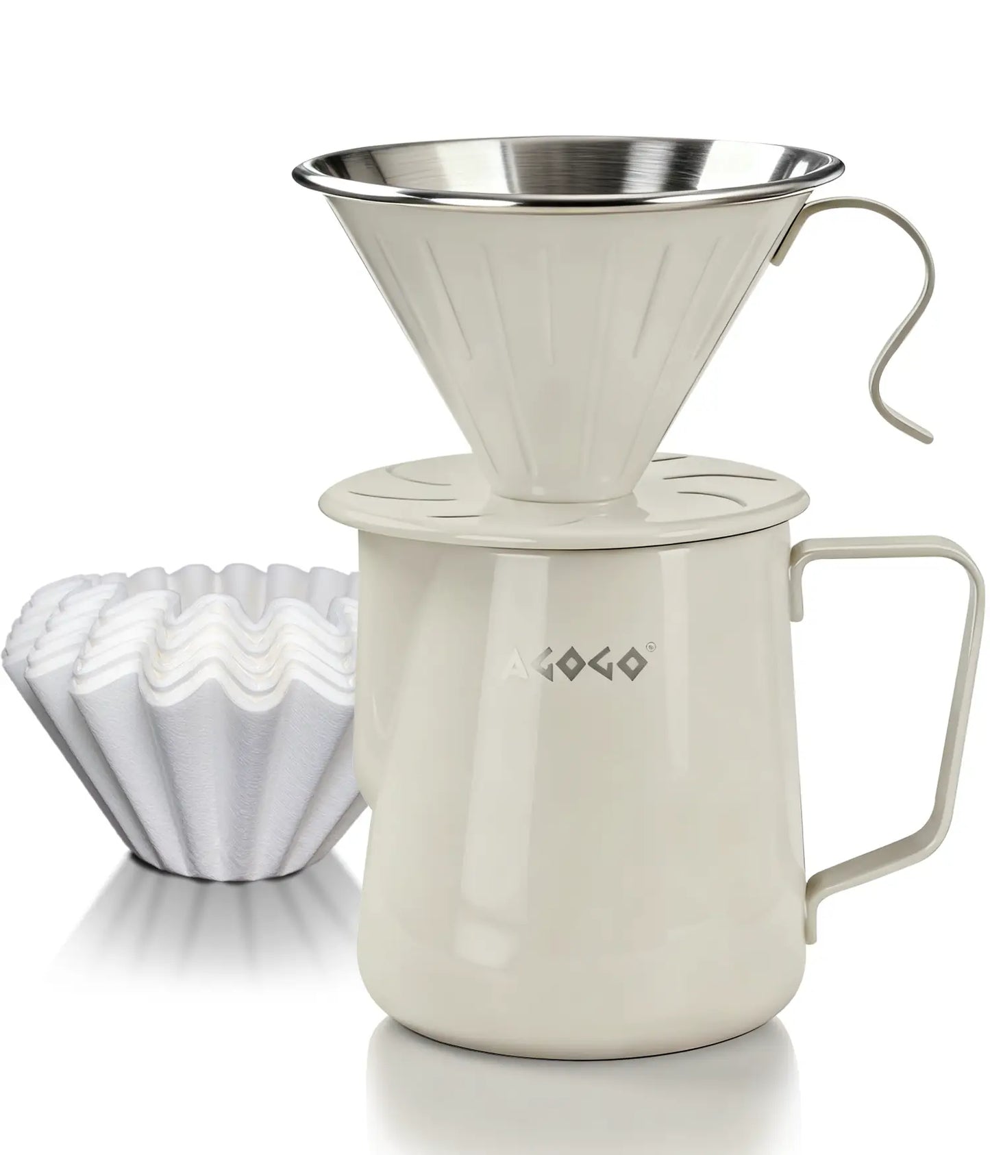 AGOGO 600ml warm cream stainless steel pour over coffee maker set, featuring an unbreakable dripper and premium paper filters on a clean white background.