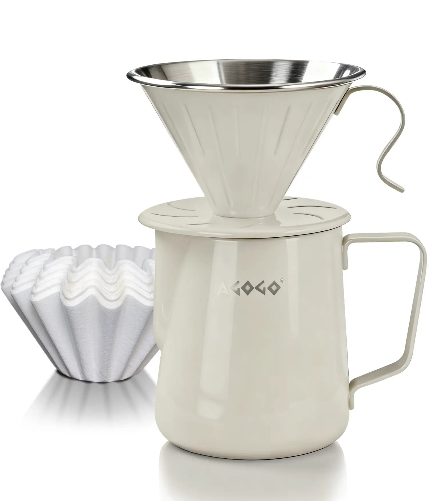 AGOGO 600ml warm cream stainless steel pour over coffee maker set, featuring an unbreakable dripper and premium paper filters on a clean white background.