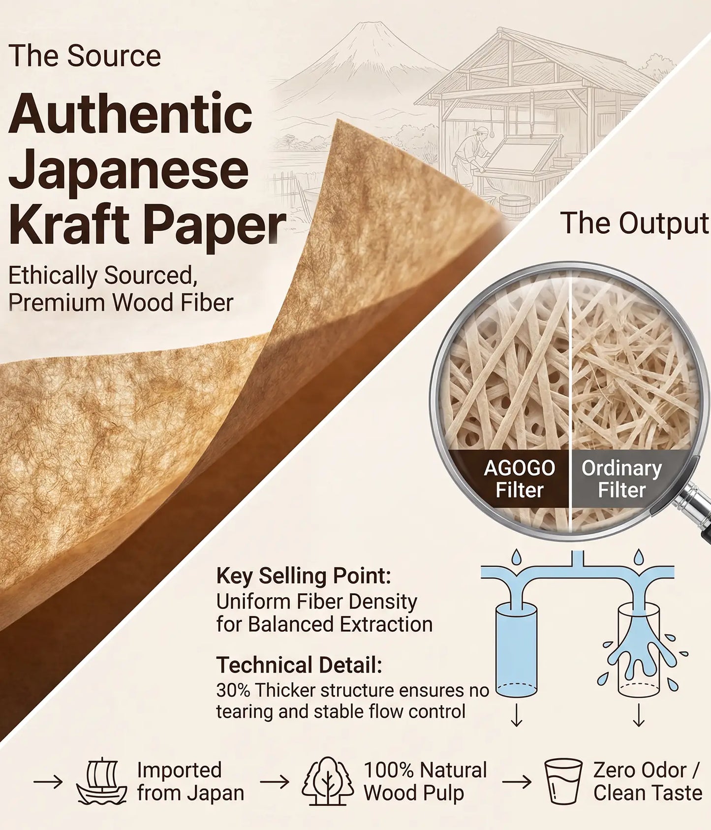 Microscopic comparison showing the thick, uniform wood fibers of AGOGO Japanese kraft paper filters versus ordinary filters.