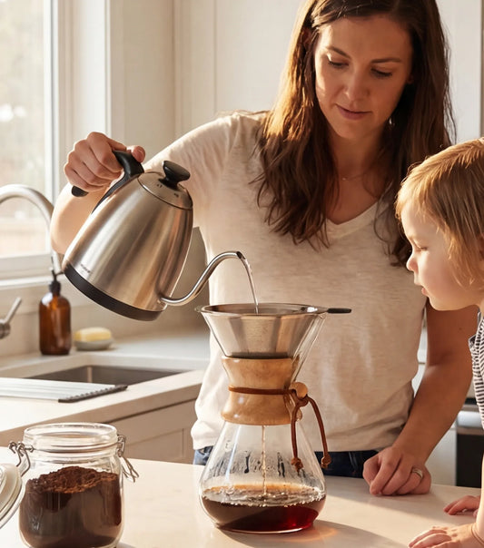 A woman pouring hot water from a gooseneck kettle into an AGOGO reusable 600-mesh stainless steel filter placed on a glass carafe, enjoying a morning brewing ritual.
