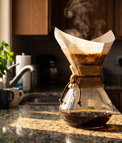 Hot steam rising from fresh coffee brewing in a glass pour-over maker using an AGOGO natural brown square filter on a sunlit kitchen counter.