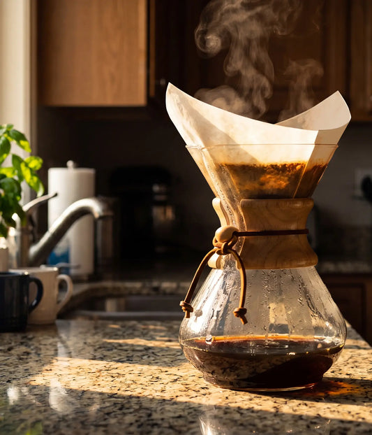 Hot steam rising from fresh coffee brewing in a glass pour-over maker using an AGOGO natural brown square filter on a sunlit kitchen counter.