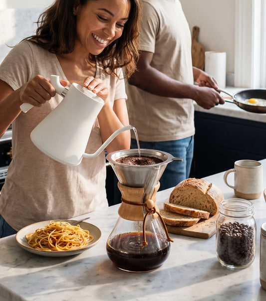 A smiling woman pouring hot water from a white gooseneck kettle into an AGOGO 120mm stainless steel filter on a glass carafe in a sunny, warm kitchen.