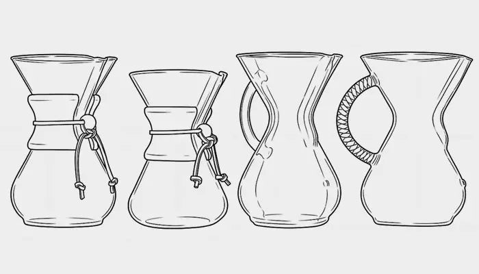 Line art illustration showing compatibility of 25cm circle filters with various standard Chemex brewers.