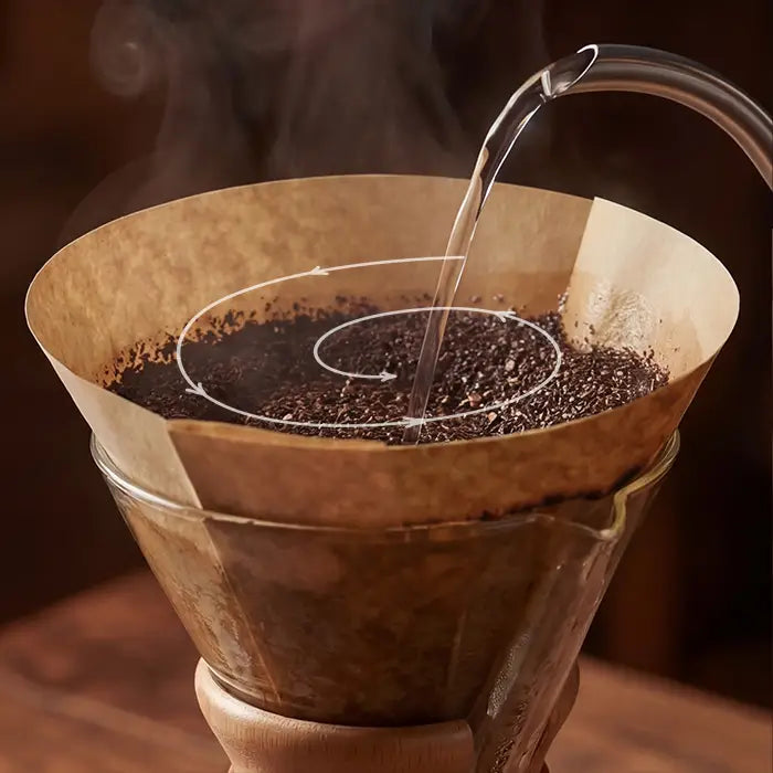 Hot water being poured in a spiral motion over coffee grounds in a natural brown circle filter, with white arrows indicating the brewing technique.