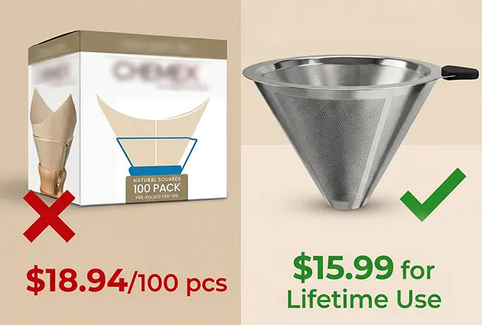 Cost comparison showing expensive disposable paper filters next to the AGOGO reusable stainless steel coffee filter for lifetime use.