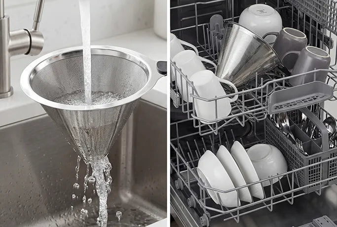 A split view showing the AGOGO stainless steel coffee filter being rinsed under a faucet and placed safely in a dishwasher.