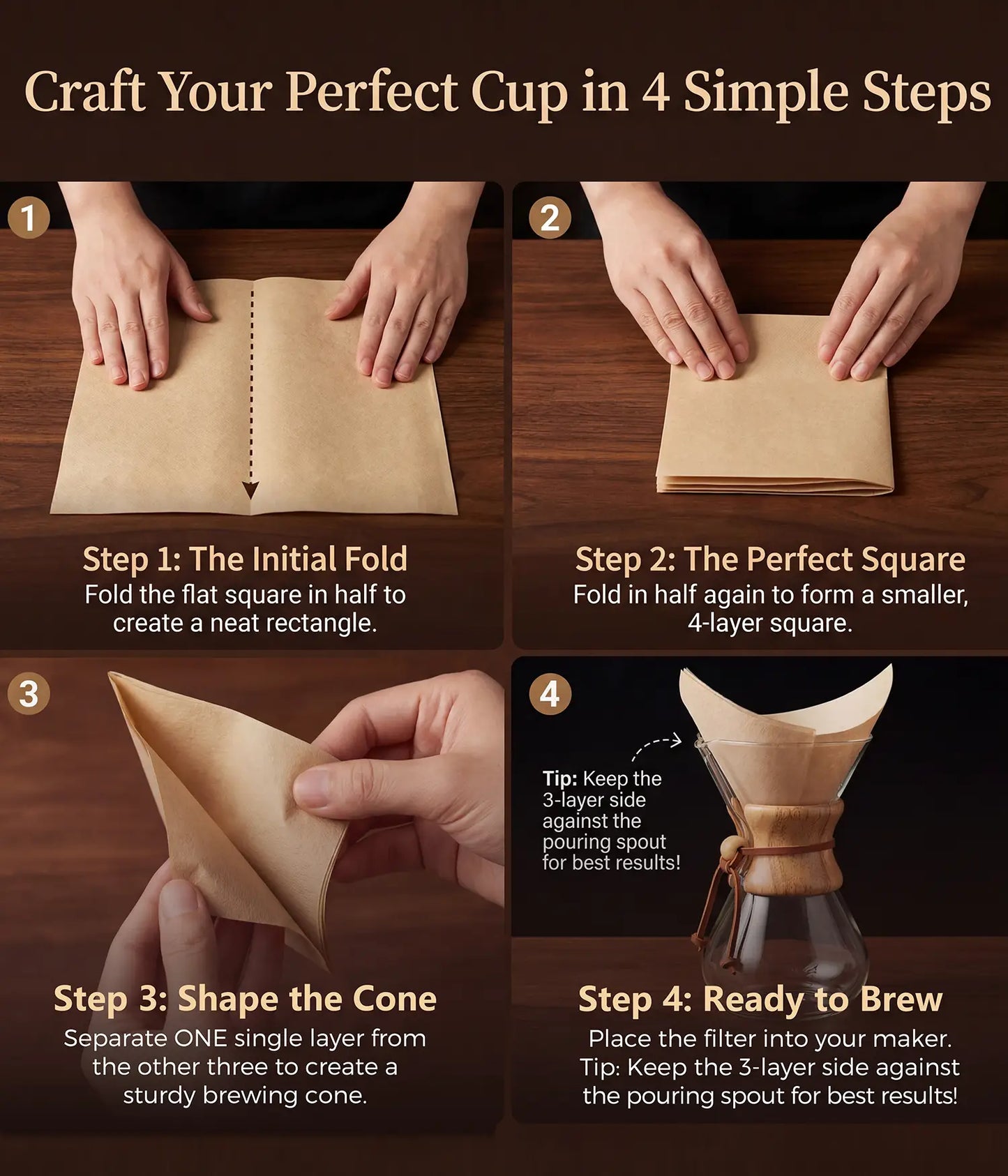A 4-step DIY guide on how to fold an unfolded flat square coffee filter into a brewing cone for a glass pour-over maker.