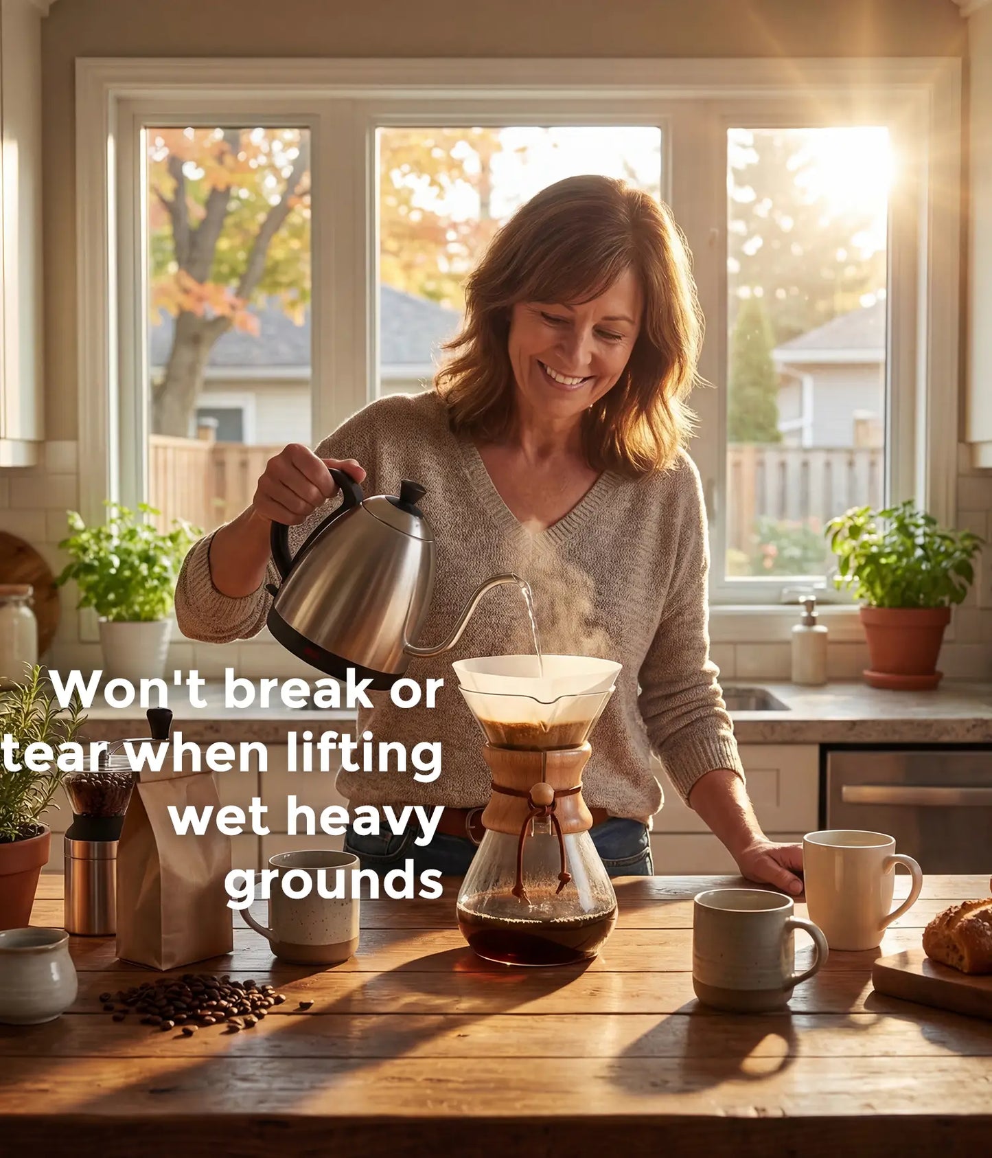A smiling woman in a sunlit kitchen pouring hot water from a gooseneck kettle into an AGOGO pure white circle coffee filter, highlighting its tear-resistant design.