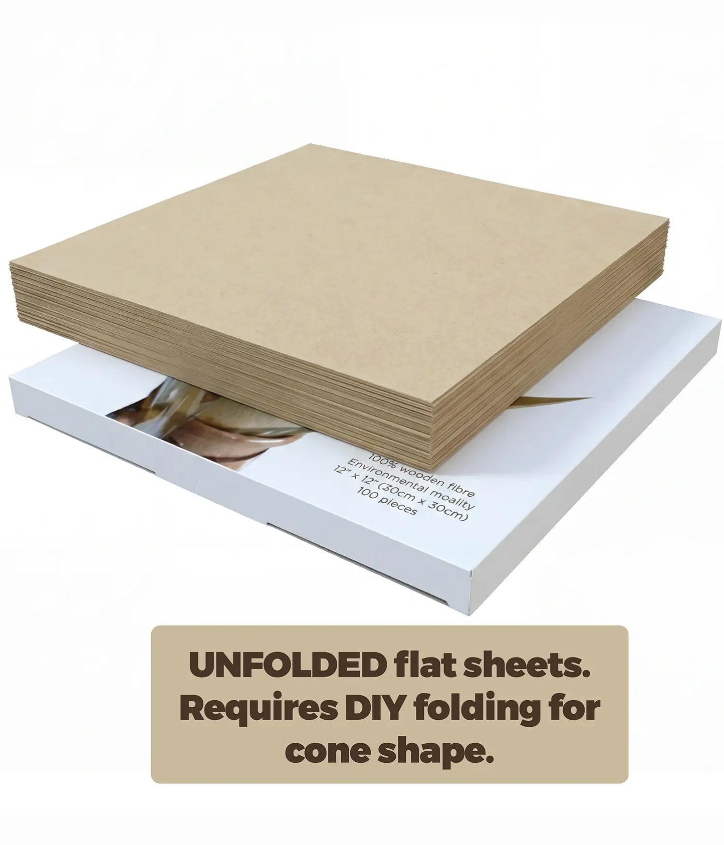 A stack of 100 unfolded flat natural brown square coffee filter sheets resting on their packaging box, highlighting the DIY folding requirement.
